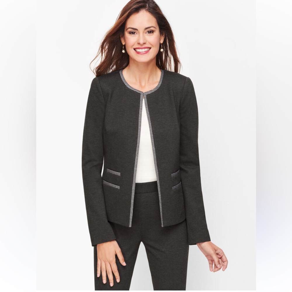 Talbots Italian Luxe Knit Tipped Blazer Gray Quiet Luxury Office  Minimalist 4